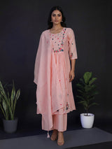 Peach silk yoke style kurti set with sequin and thread detailing