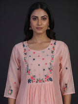 Peach silk yoke style kurti set with sequin and thread detailing
