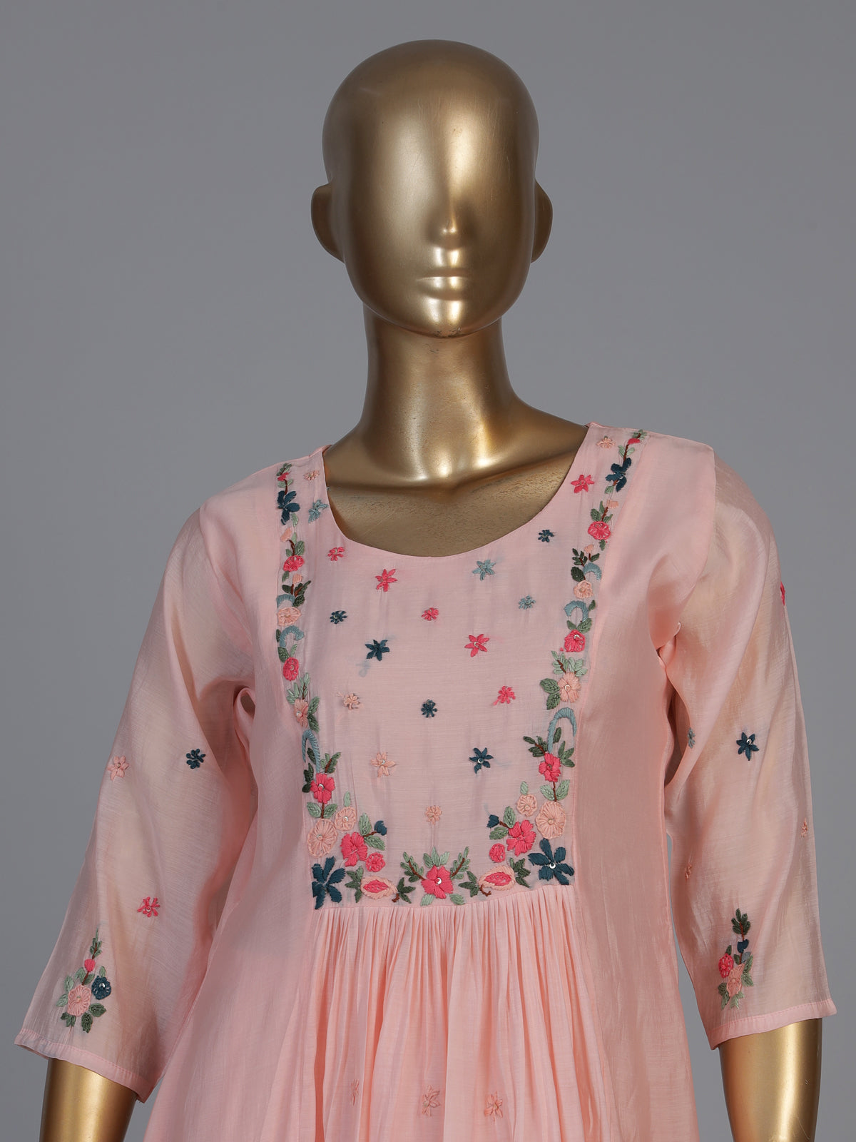 Peach silk yoke style kurti set with sequin and thread detailing