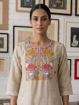 Beige linen straight cut kurti set