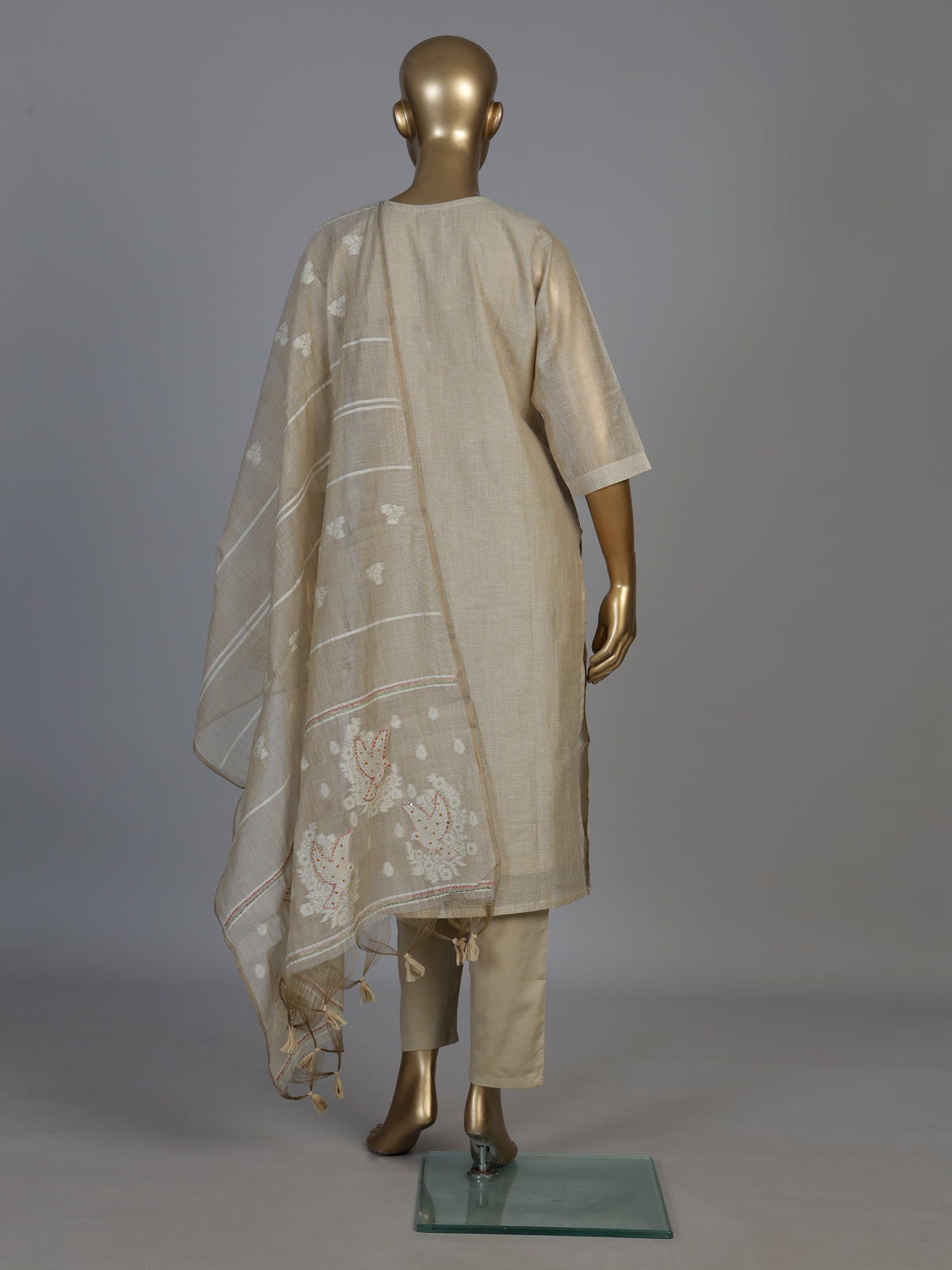 Beige linen straight cut kurti set