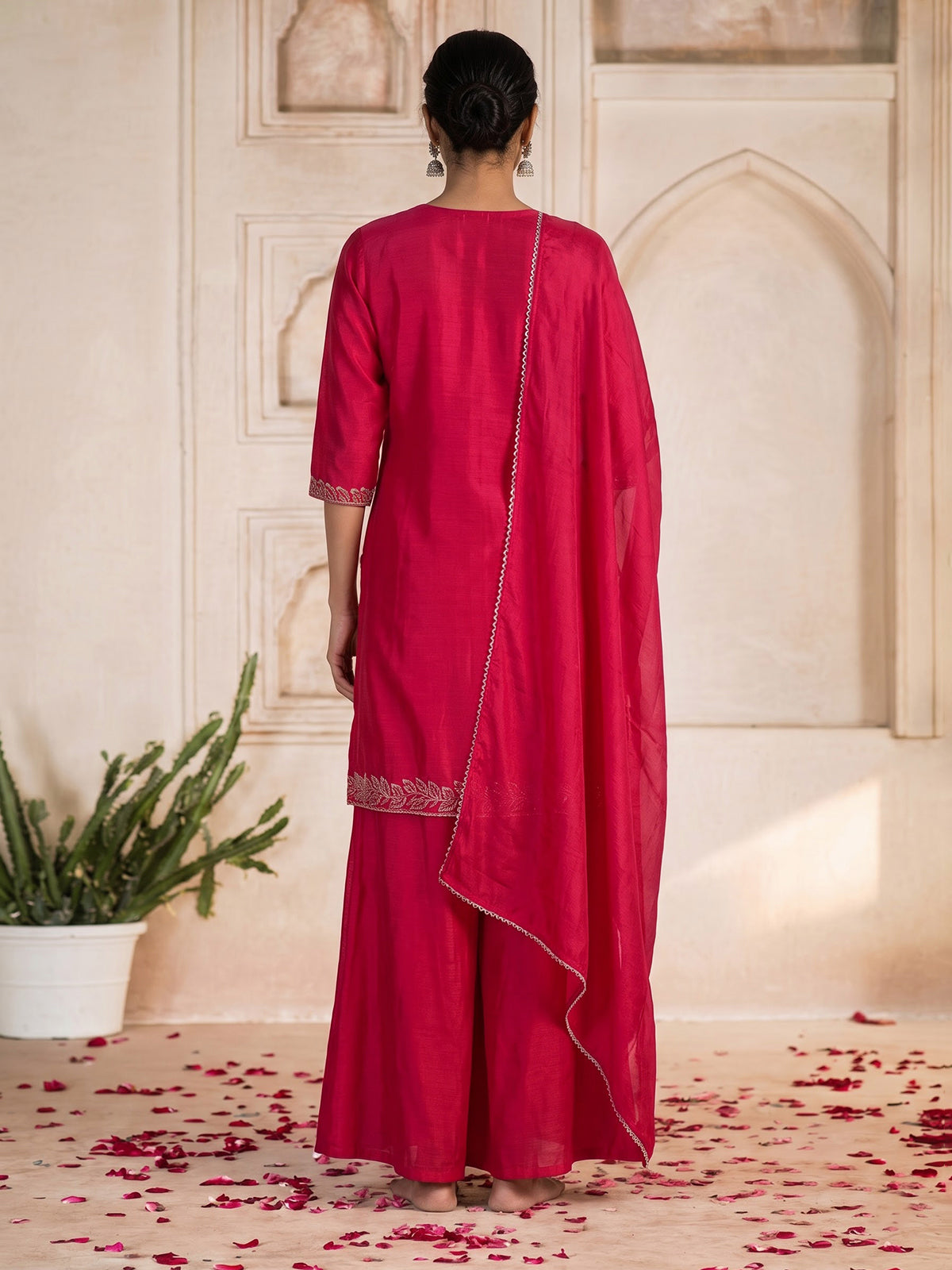 Rani pink silk kurti set with cutdana embellished palazzo dupatta