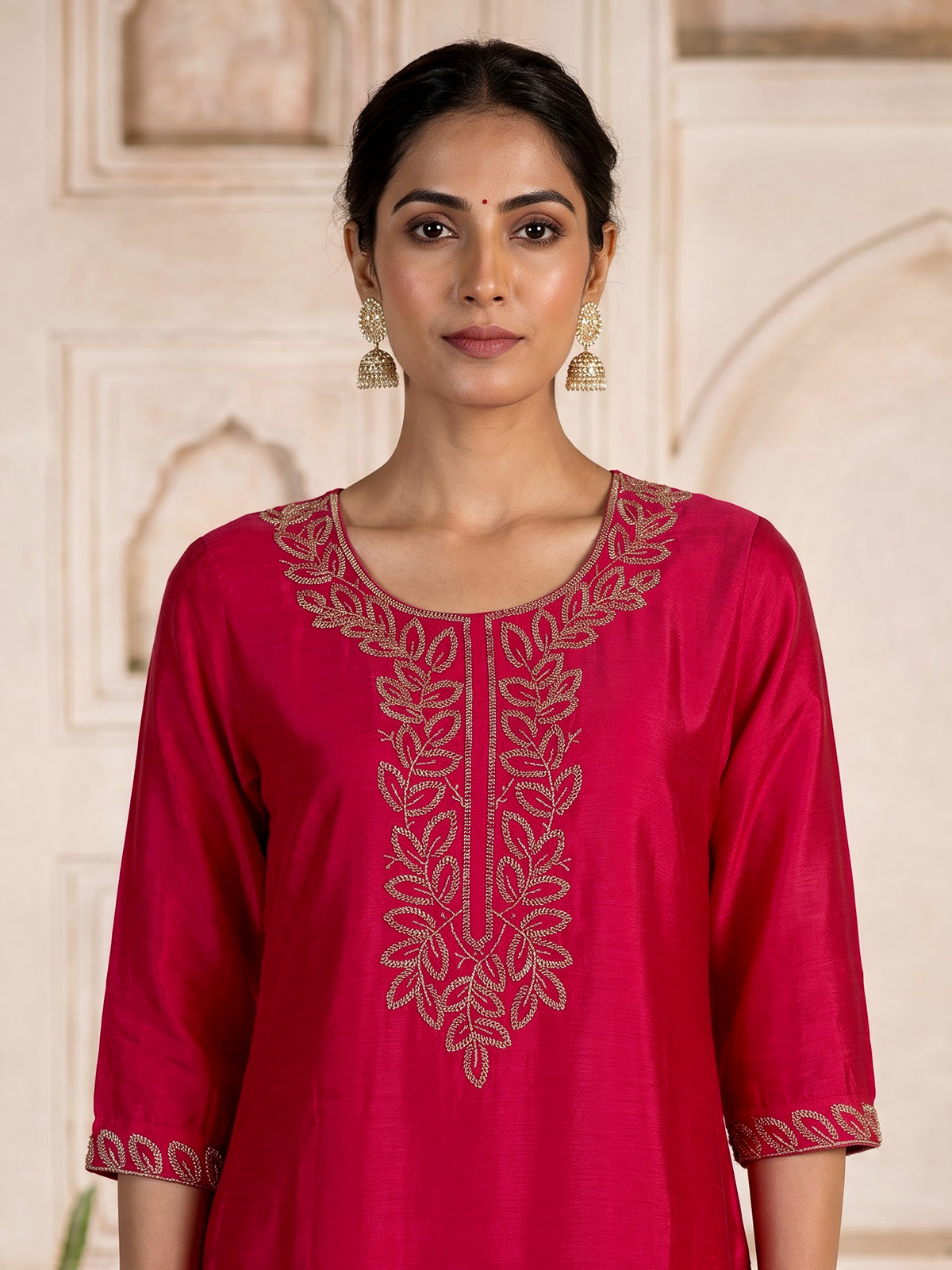 Rani pink silk kurti set with cutdana embellished palazzo dupatta