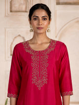 Rani pink silk kurti set with cutdana embellished palazzo dupatta