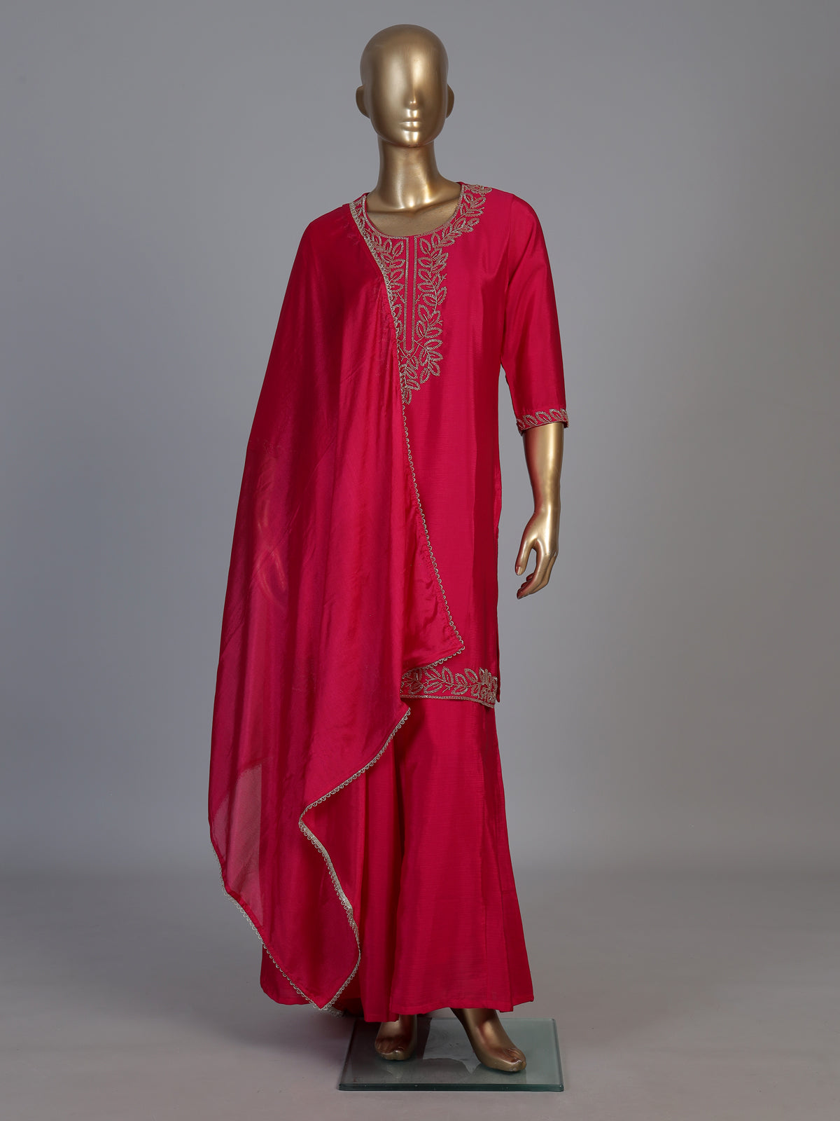 Rani pink silk kurti set with cutdana embellished palazzo dupatta