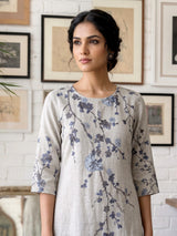 Off white blue linen floral kurti set with diamond embellishments