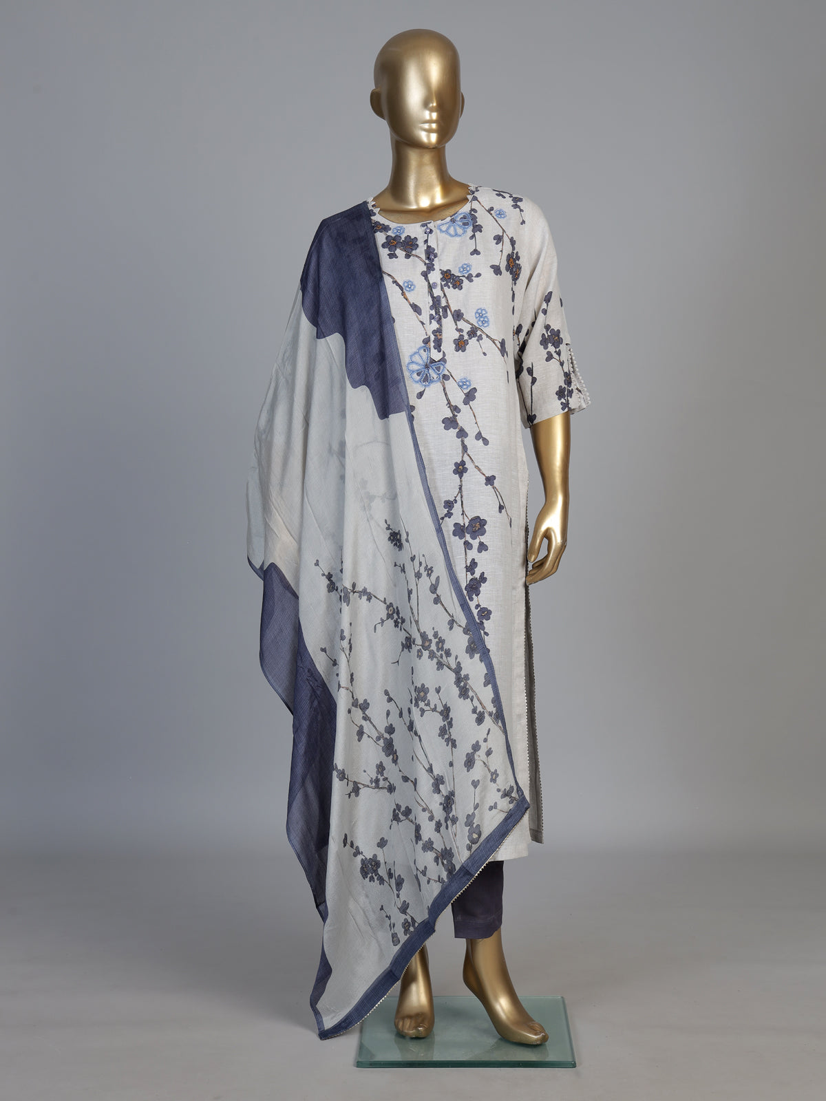 Off white blue linen floral kurti set with diamond embellishments