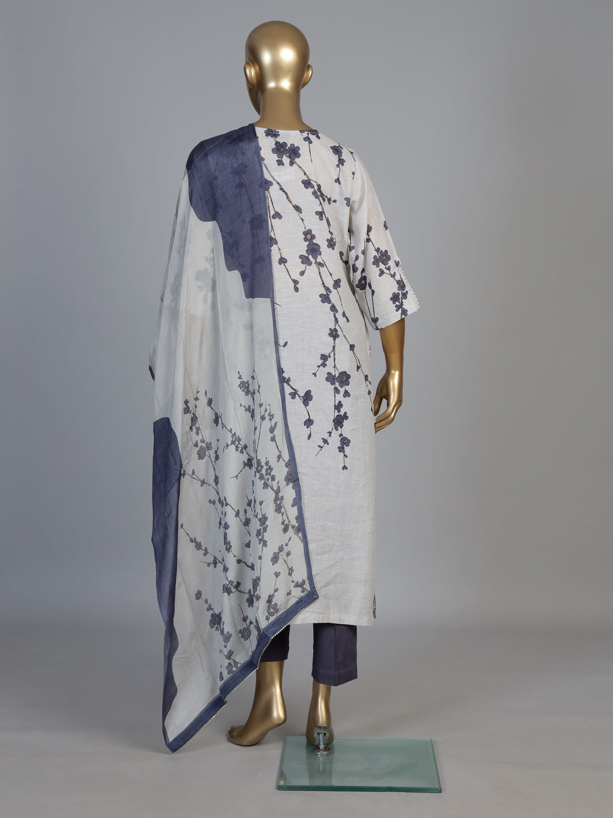 Off white blue linen floral kurti set with diamond embellishments