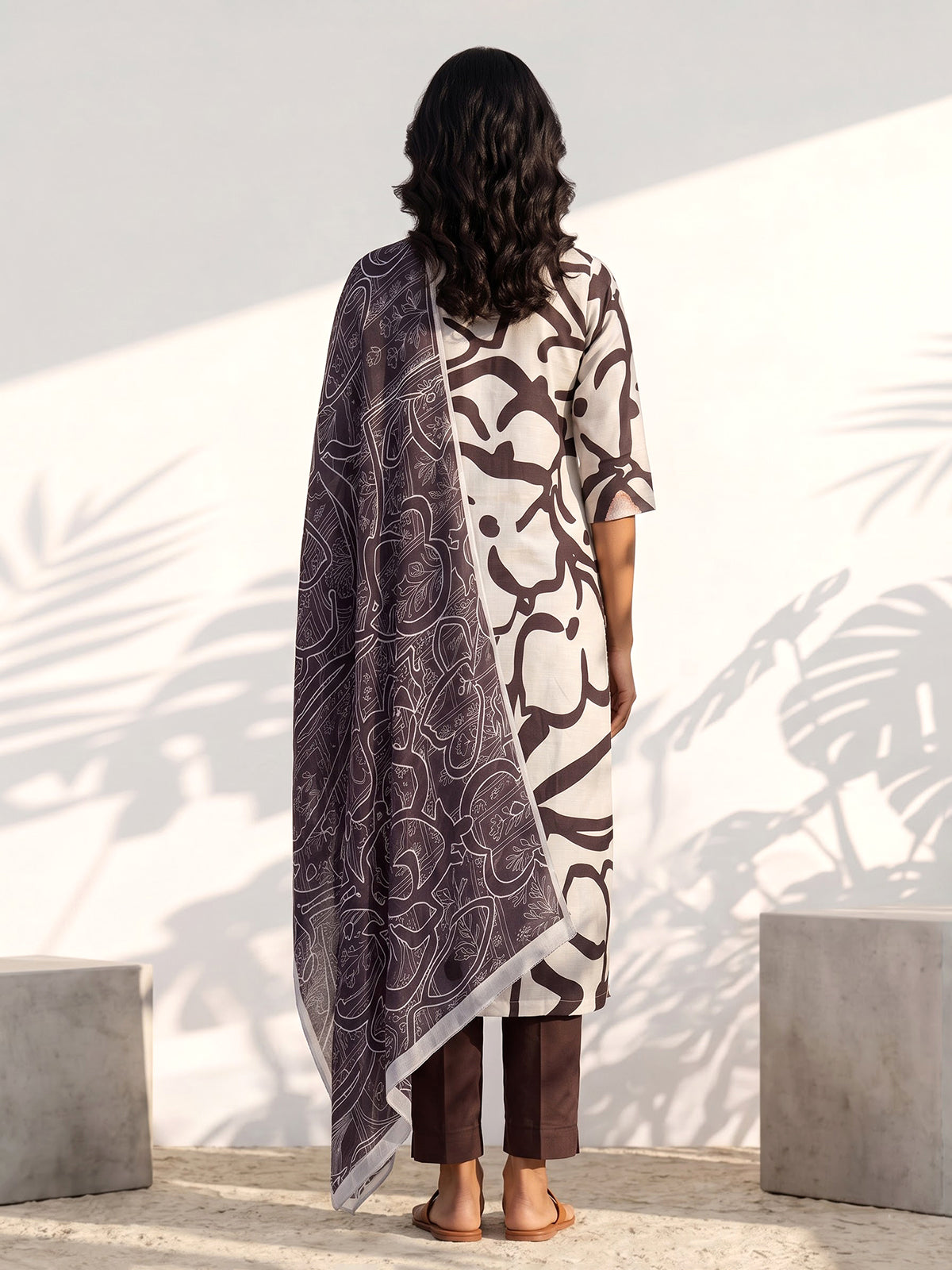 Brown silk printed kurti set with cutdana and stone detailing