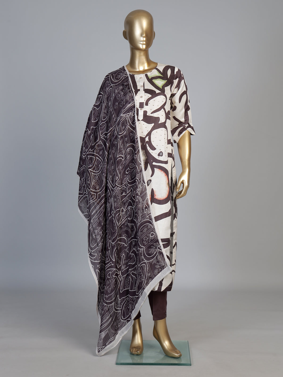 Brown silk printed kurti set with cutdana and stone detailing