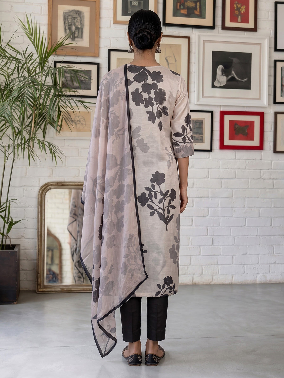 Cream grey silk printed kurti set with zardosi and diamond embellishments