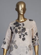 Cream grey silk printed kurti set with zardosi and diamond embellishments