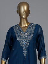 Rama blue silk yoke style kurti set with aabla and beadwork