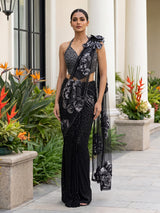 Black sequined net saree with halter blouse