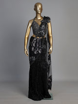 Black sequined net saree with halter blouse