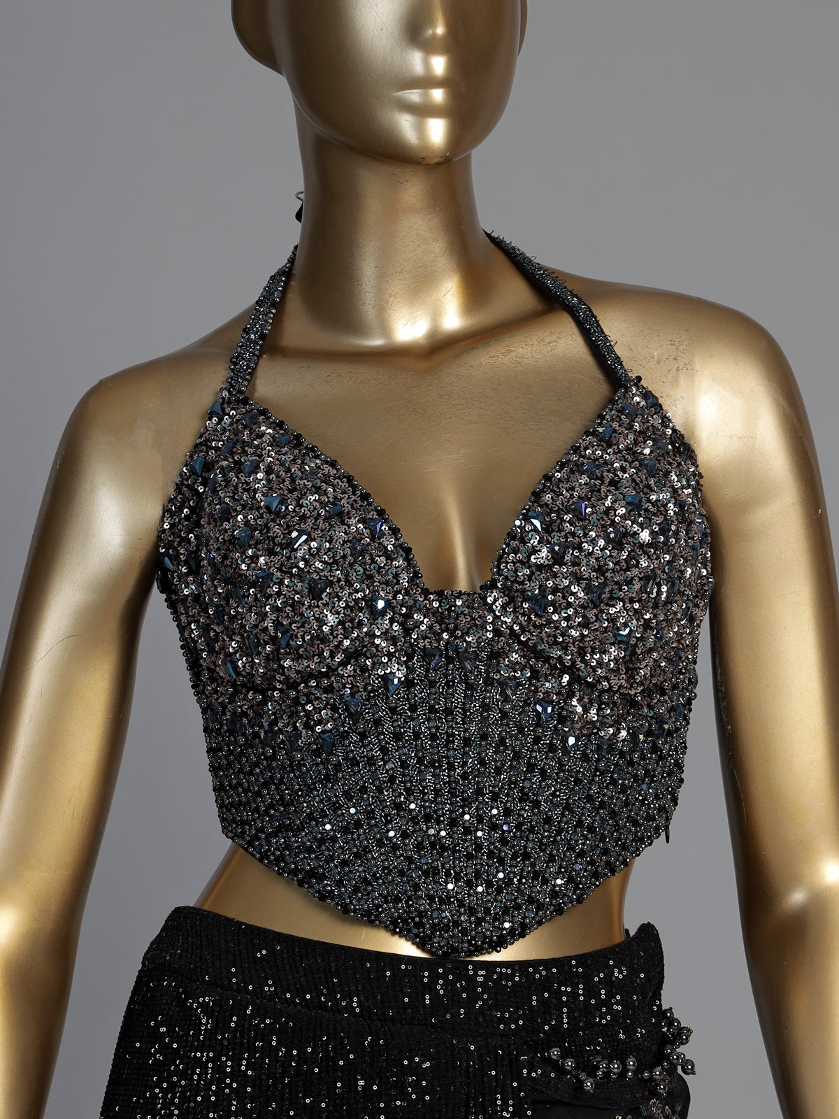 Black sequined net saree with halter blouse
