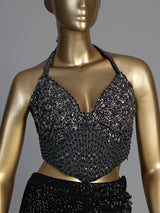Black sequined net saree with halter blouse