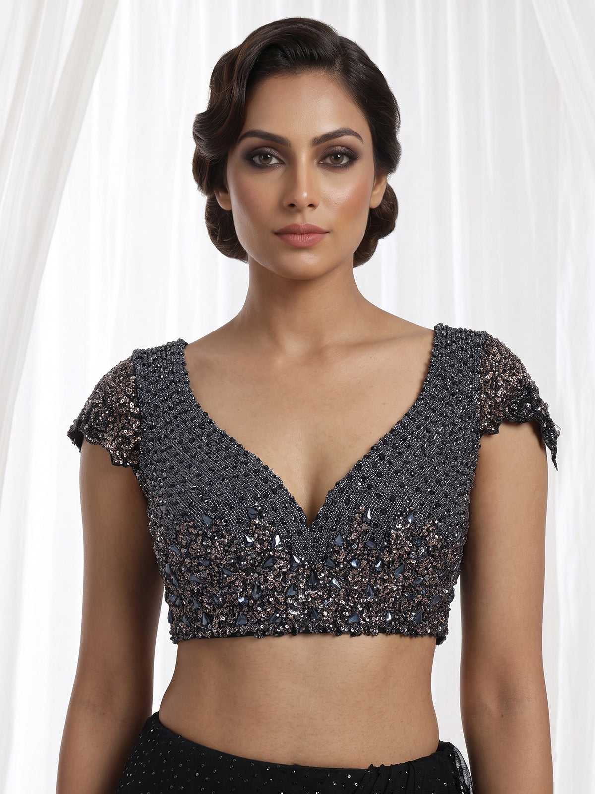 Black net designer saree with floral sequin embellishments