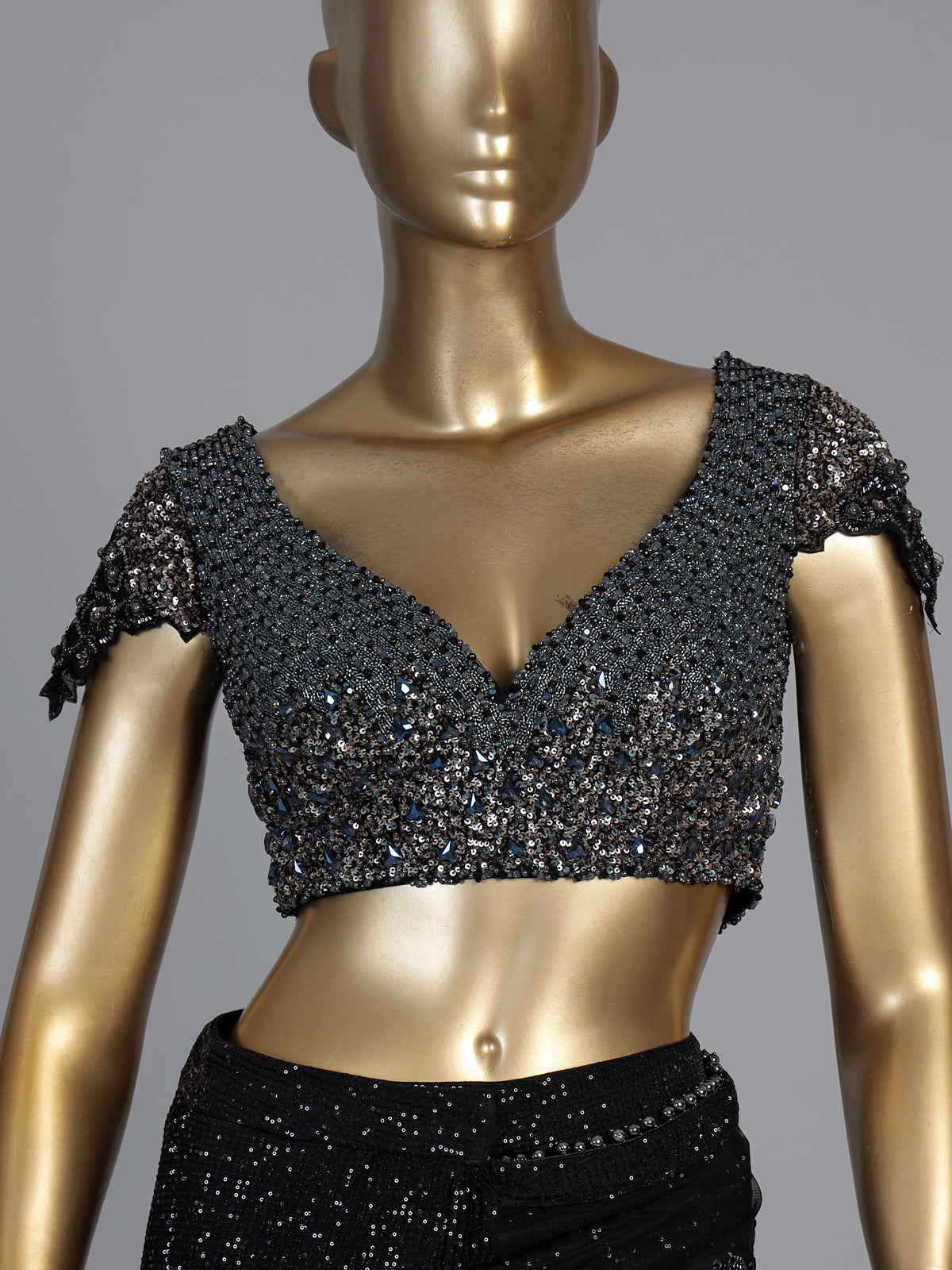 Black net designer saree with floral sequin embellishments
