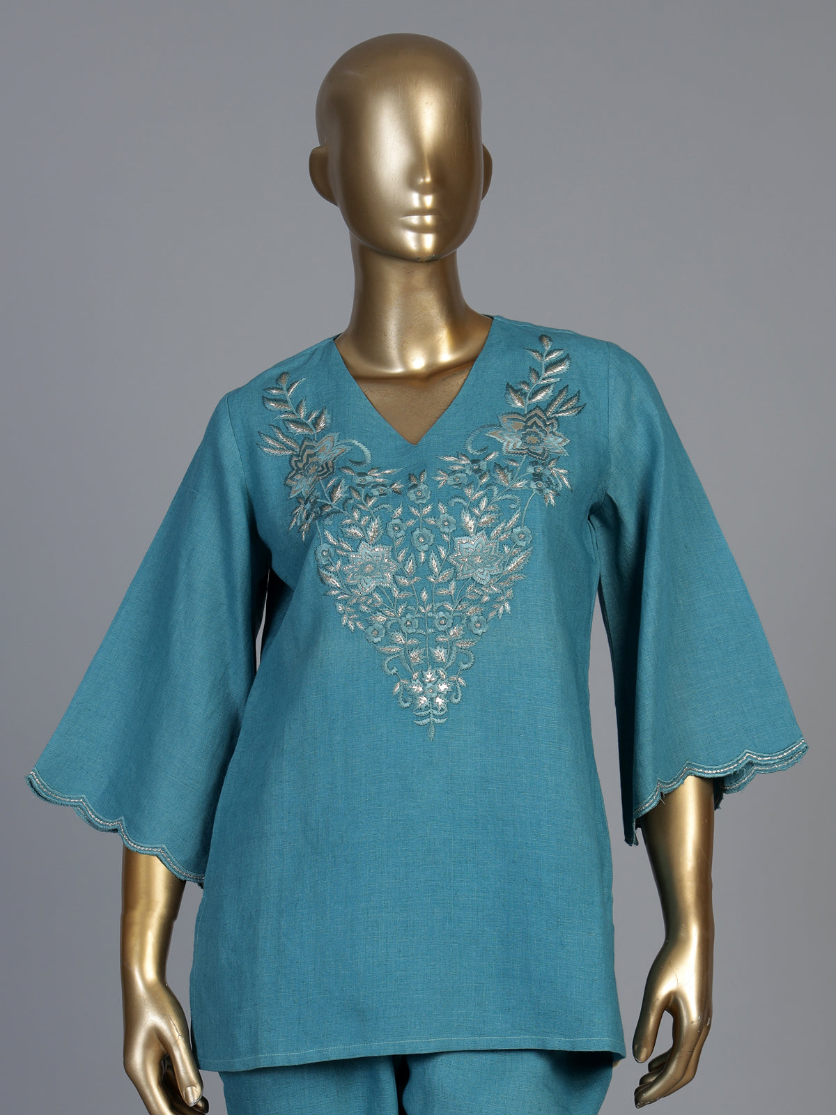 Aqua blue linen co ord set with embroidered cutwork yoke detailing