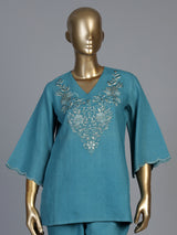 Aqua blue linen co ord set with embroidered cutwork yoke detailing