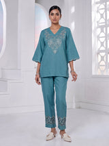 Aqua blue linen co ord set with embroidered cutwork yoke detailing