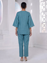 Aqua blue linen co ord set with embroidered cutwork yoke detailing