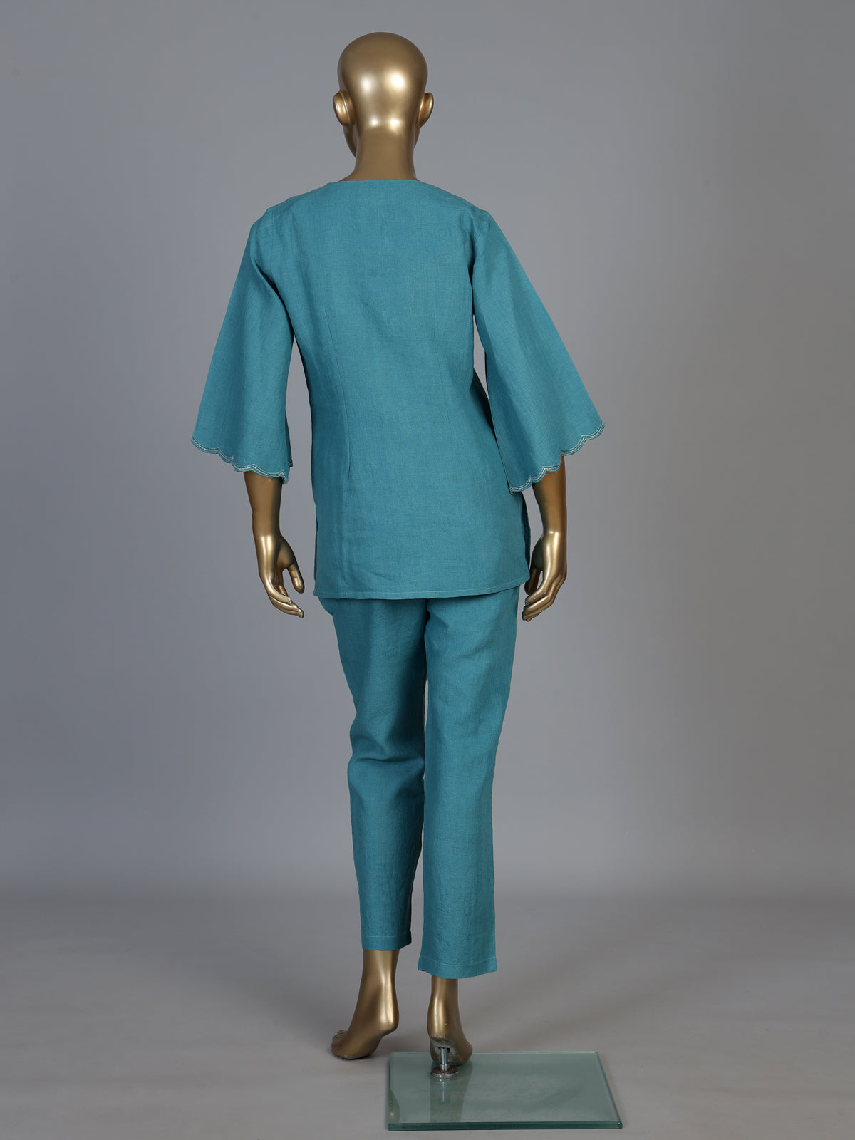 Aqua blue linen co ord set with embroidered cutwork yoke detailing