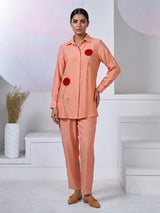 Peach tissue silk co ord set with thread detailing and pants