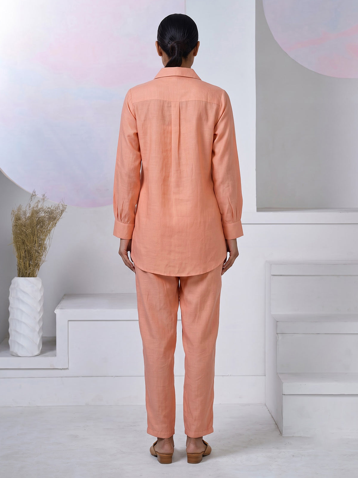 Peach tissue silk co ord set with thread detailing and pants