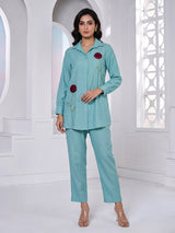 Sky blue tissue silk co ord set with full sleeves and pants
