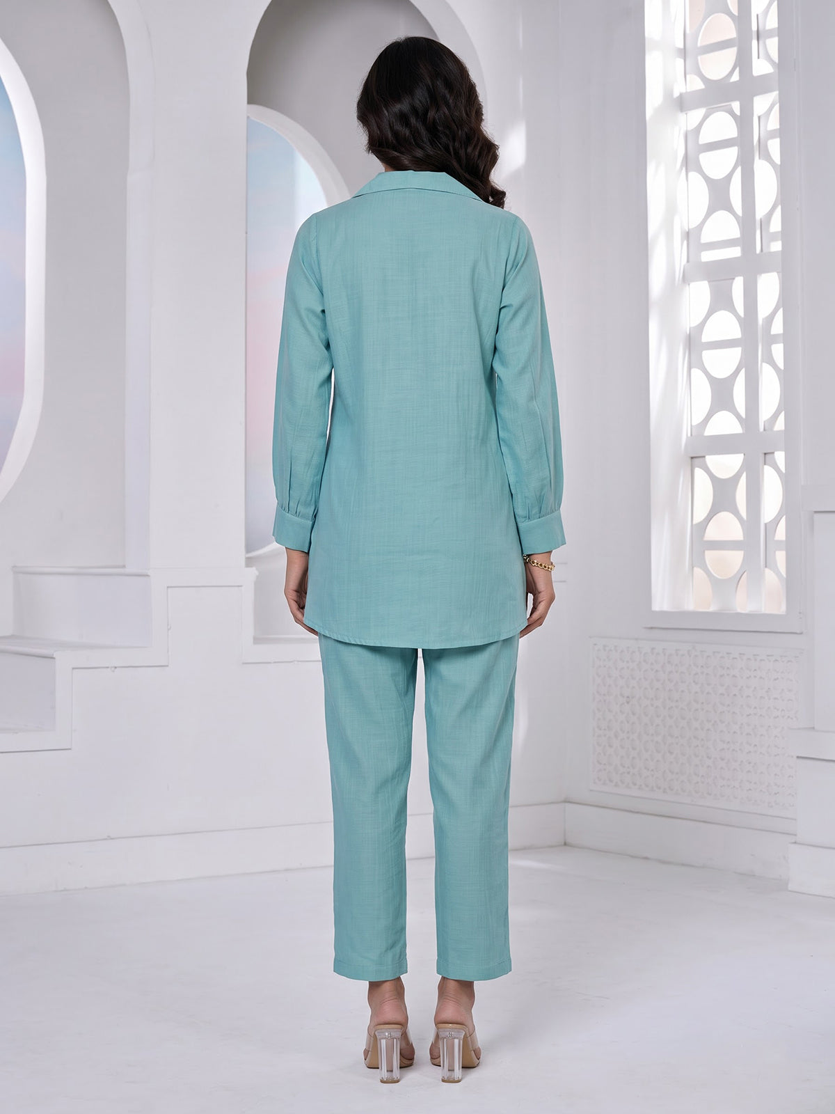 Sky blue tissue silk co ord set with full sleeves and pants