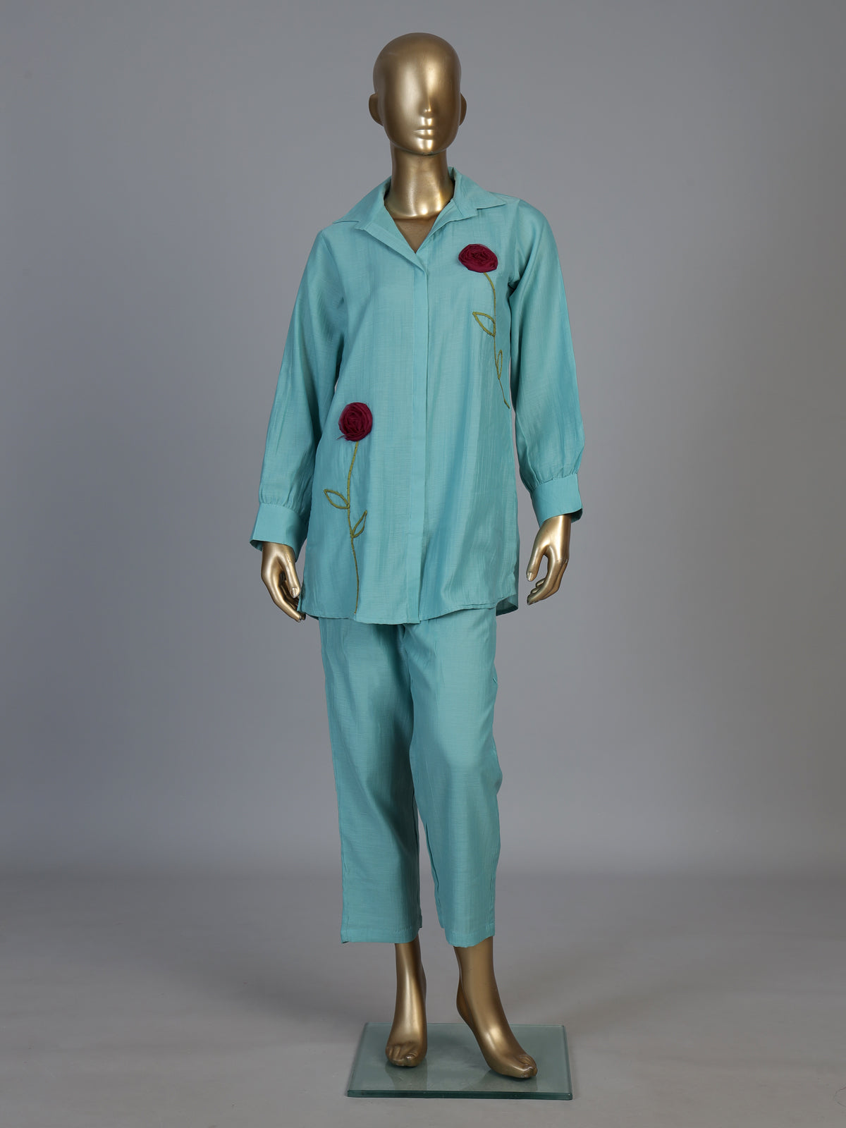 Sky blue tissue silk co ord set with full sleeves and pants