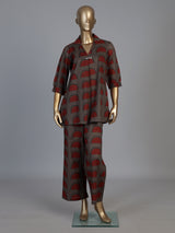Grey silk printed co ord set with collar neck quarter sleeves