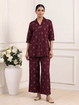 Wine silk printed co ord set with collar neck quarter sleeves