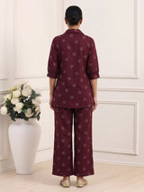 Wine silk printed co ord set with collar neck quarter sleeves