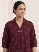 Wine silk printed co ord set with collar neck quarter sleeves