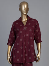 Wine silk printed co ord set with collar neck quarter sleeves