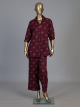 Wine silk printed co ord set with collar neck quarter sleeves