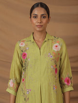 Mehendi green silk floral kurti with zardosi work