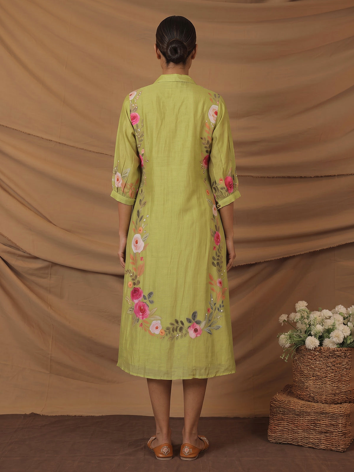 Mehendi green silk floral kurti with zardosi work