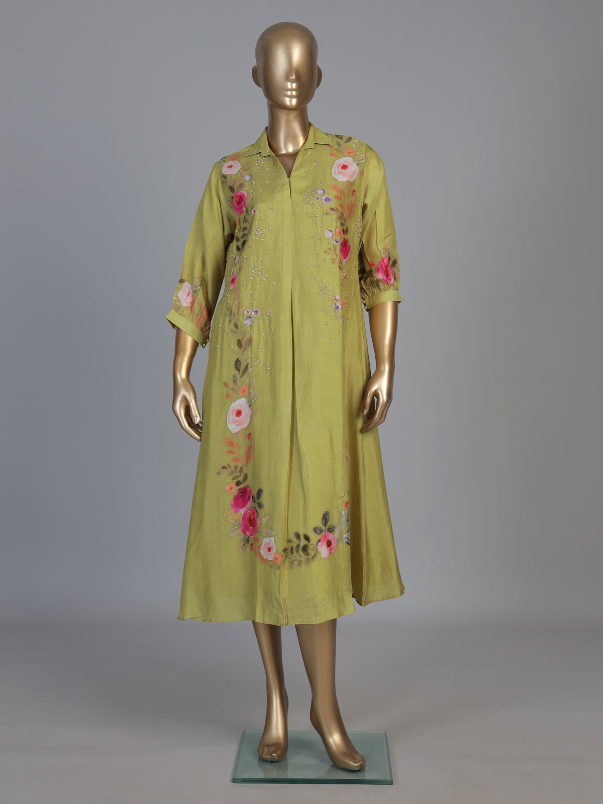 Mehendi green silk floral kurti with zardosi work