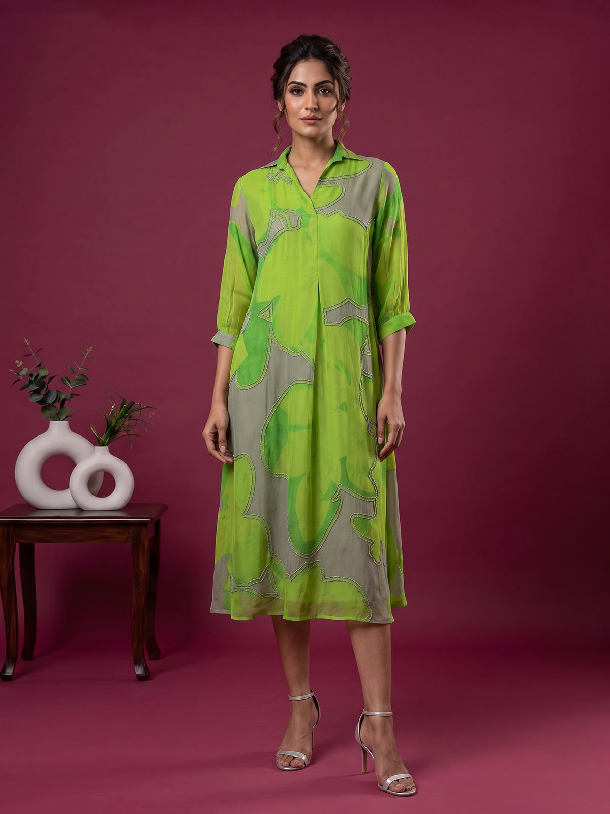 Green georgette printed kurti with delicate bead embellishments
