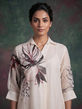 White linen blend floral kurti with cutdana detailing