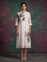 White linen blend floral kurti with cutdana detailing