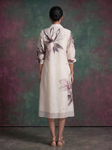 White linen blend floral kurti with cutdana detailing