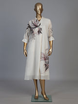 White linen blend floral kurti with cutdana detailing