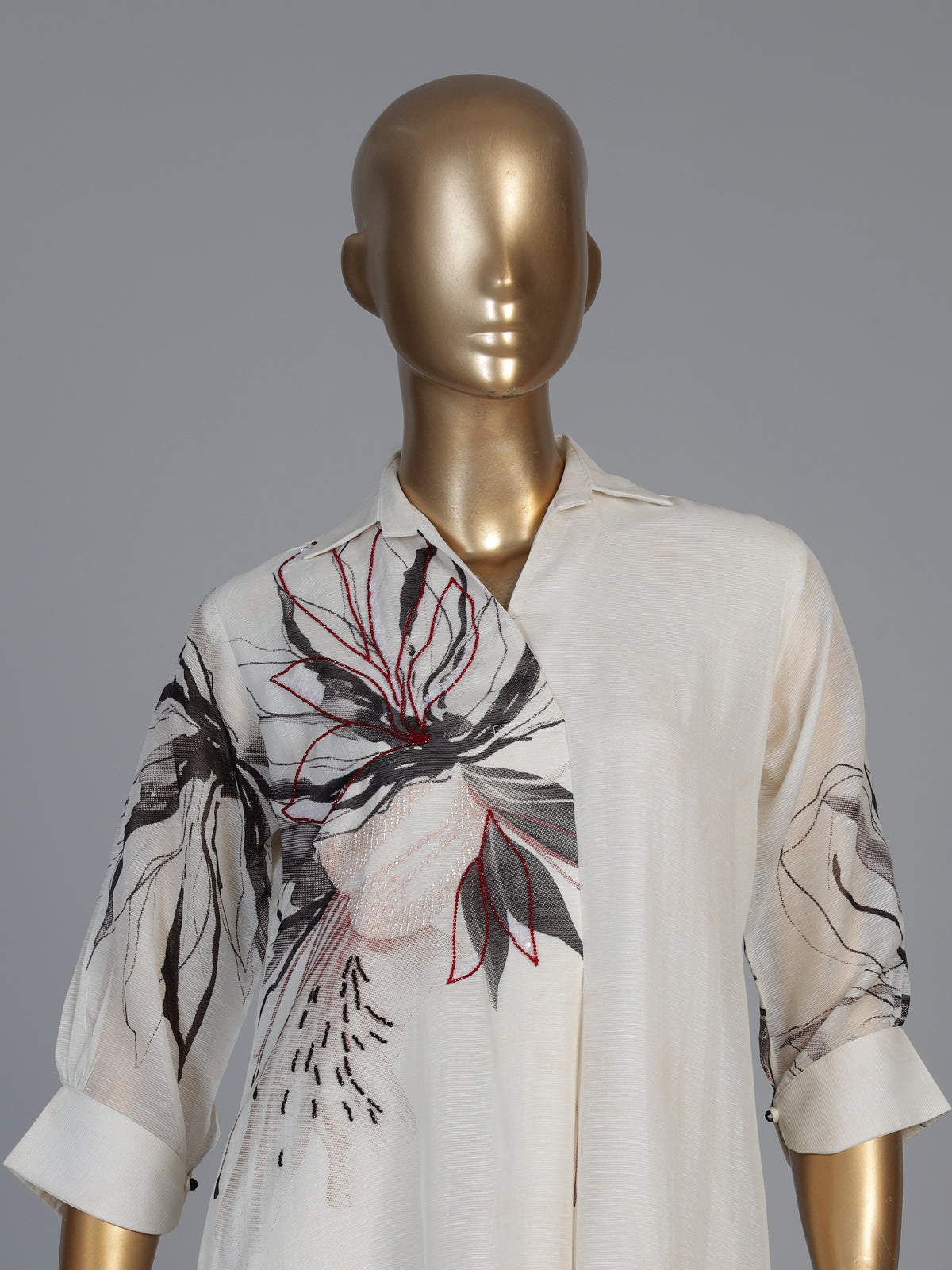 White linen blend floral kurti with cutdana detailing
