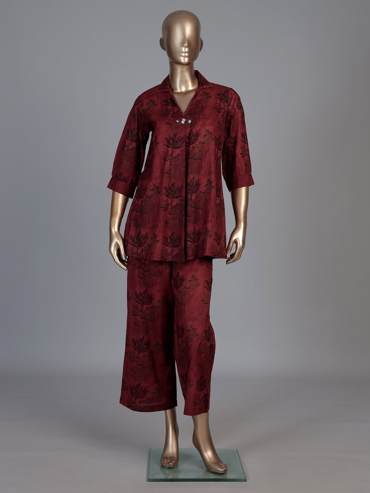 Maroon cotton silk printed designer palazzo co ord set