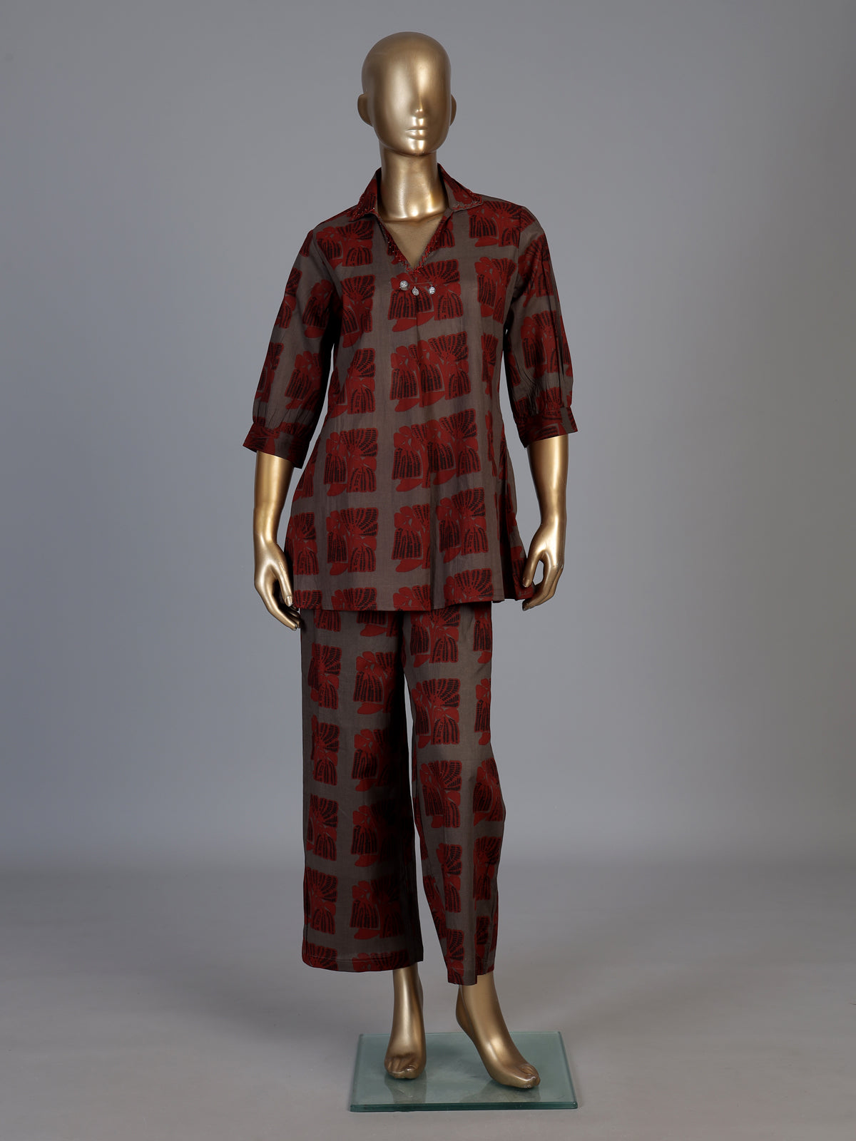 Grey cotton silk printed casual palazzo co ord set